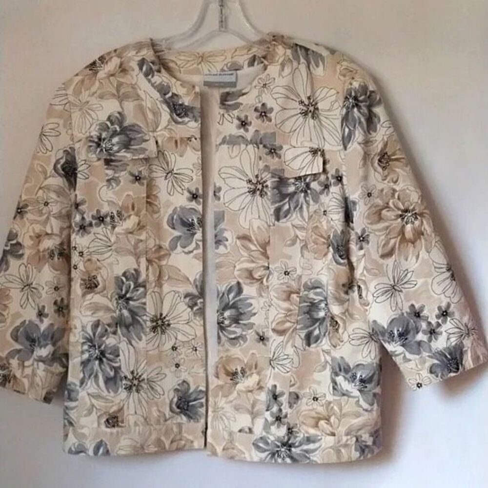 Alfred Dunner Women’s Size 18 Ribbed Open Front Jacket Tan Floral 3/4 Sleeve